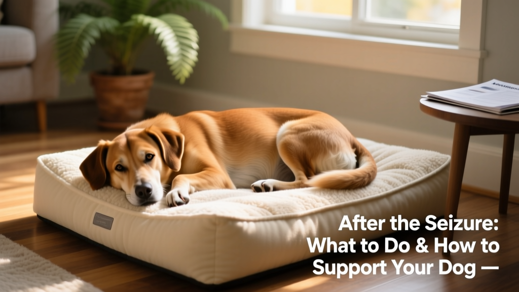 A calm dog resting peacefully on a soft bed, illustrating stability and comfort after a seizure episode