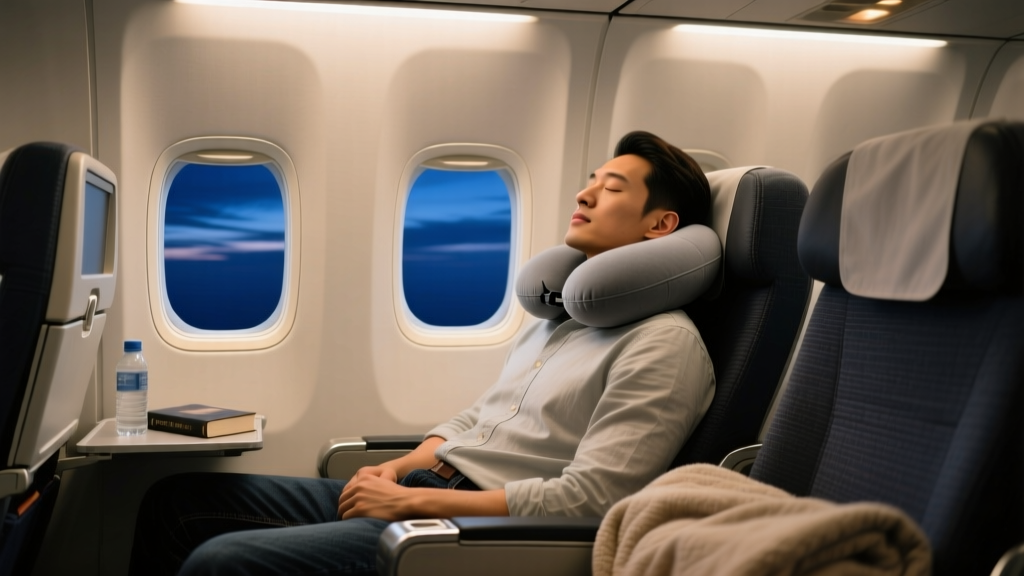 Frequent flyer sleeping comfortably in an economy airplane seat using a gray Trtl Pillow Plus for neck support with dimmed cabin lighting