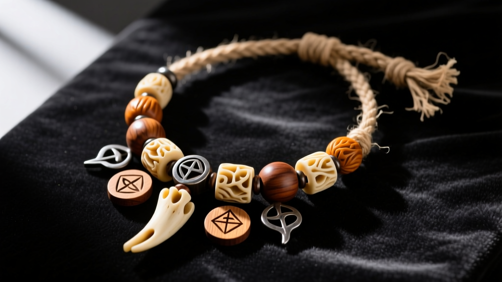 Handmade Pygmy Necklace Terraria replica with carved bone beads, wooden tokens, and woven hemp cord resting on dark velvet.