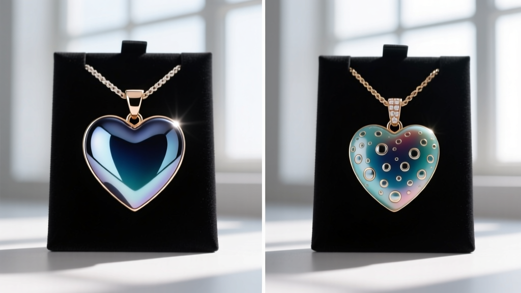 Split-screen comparing smooth cold enamel on an authentic Valentino heart pendant against bubbly, uneven resin on a replica piece.