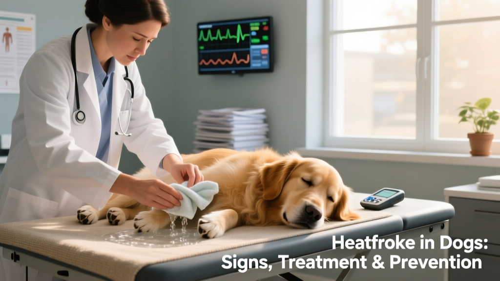 Veterinarian gently applying cool water to a dog's paws and abdomen while monitoring vitals
