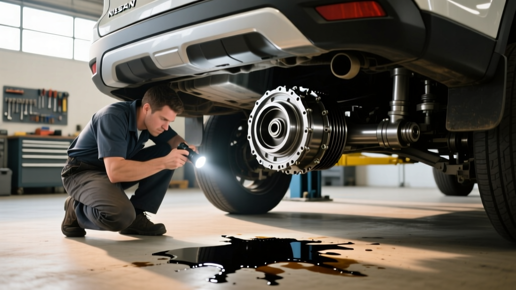 Mechanic inspecting a Nissan Rogue rear differential for dark fluid leaks underneath the rear axle assembly