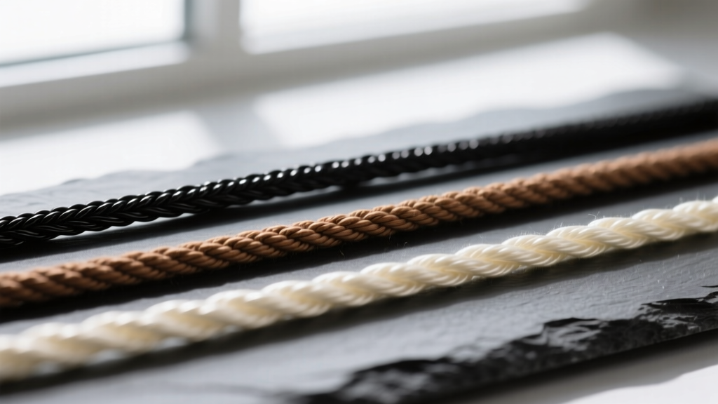 Macro shot comparing three beading cords: black C-Lon nylon, brown waxed cotton, and ivory silk, arranged parallel on dark slate