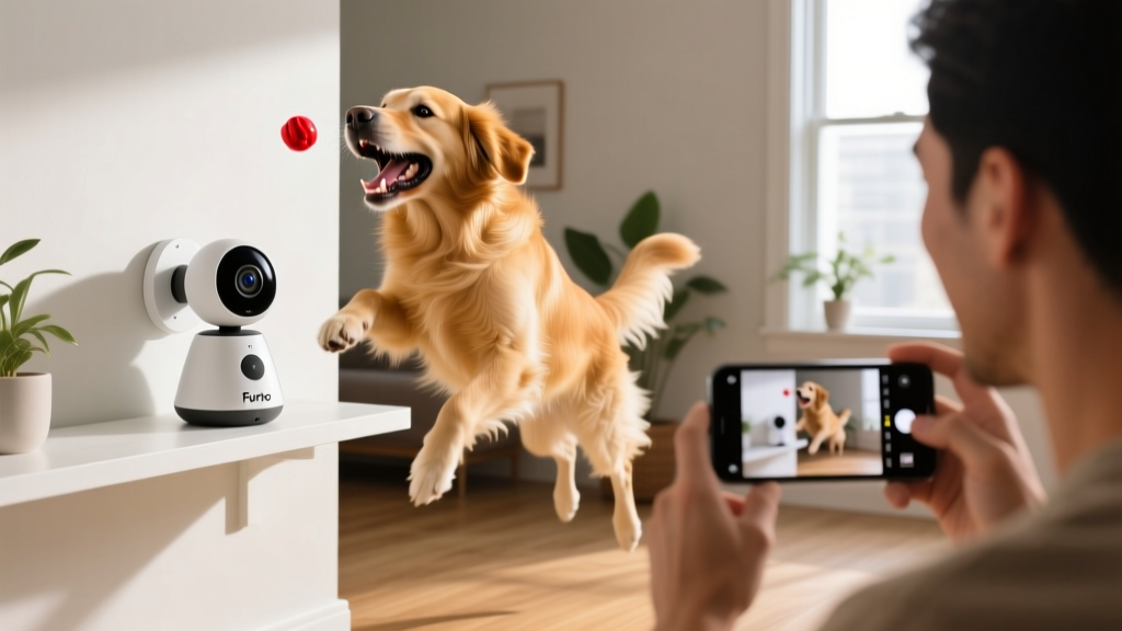 Furbo 360 dog camera on a shelf capturing a golden retriever catching a tossed treat while the owner monitors via a smartphone app