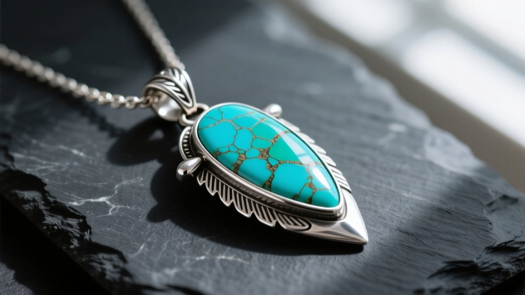 Sterling silver Indian arrowhead necklace pendant inlaid with vibrant Sleeping Beauty turquoise resting on a dark slate surface.