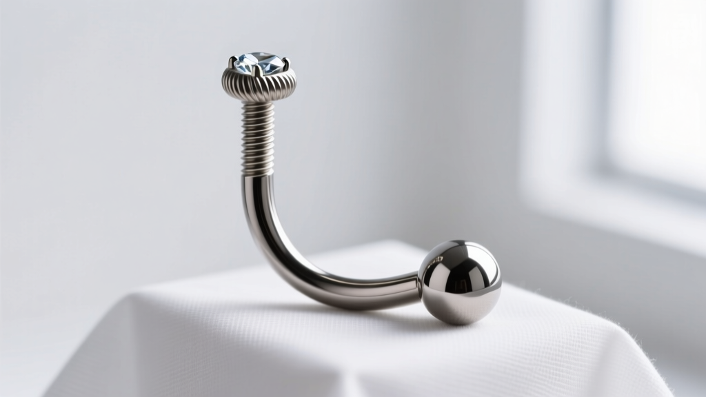 Macro shot of 14g titanium curved barbell on sterile drape, highlighting threaded 5mm top gem and polished 8mm bottom ball.