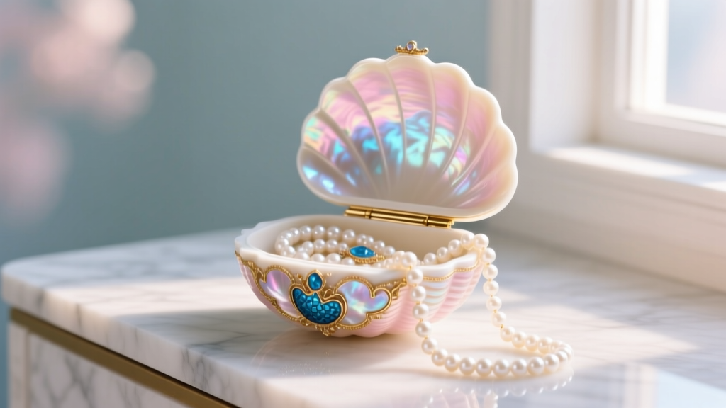 Vibrant little mermaid jewelry box shaped like a seashell on a vanity with pearl necklaces spilling out in soft morning light