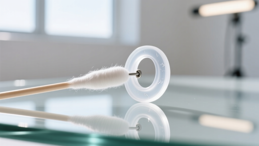 Macro close-up of a cotton swab cleaning a translucent medical-grade silicone earring back on a bright glass surface