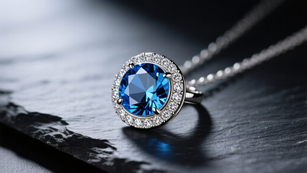 London blue topaz pendant with diamond halo in 18k white gold on dark slate, illuminated by soft directional studio lighting.