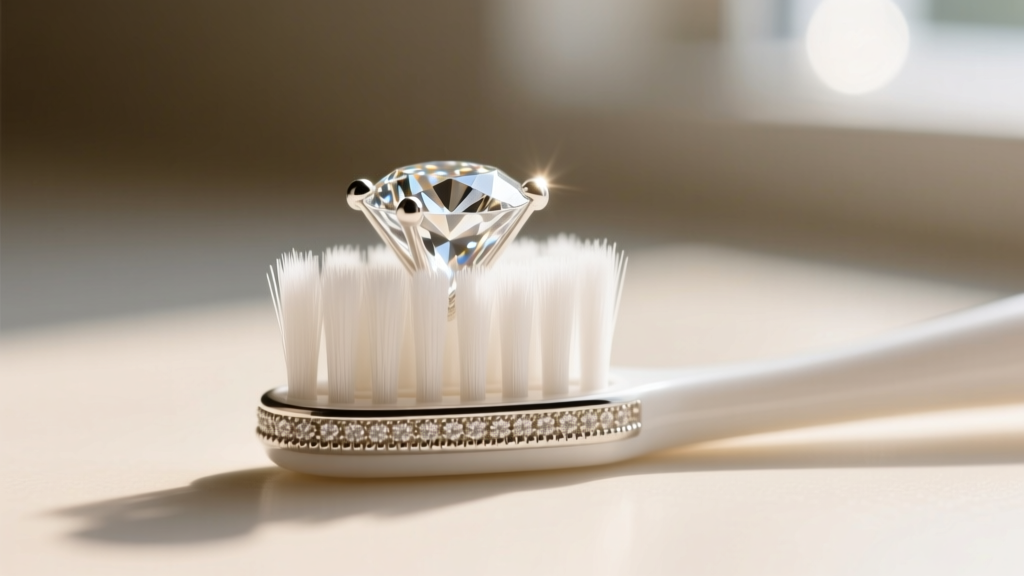 Macro shot of a soft toothbrush gently cleaning the underside of a diamond set in a delicate four-prong white gold basket.