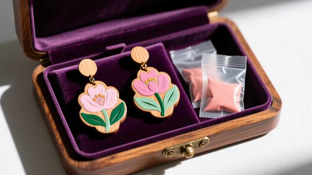 Flat lay of painted wood earrings in a velvet-lined box with silica gel packets, showcasing intricate floral milk paint designs.