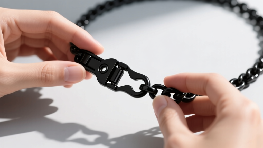 Hands testing a black breakaway clasp on a chewy necklace, focusing on the plastic release mechanism under bright natural light.
