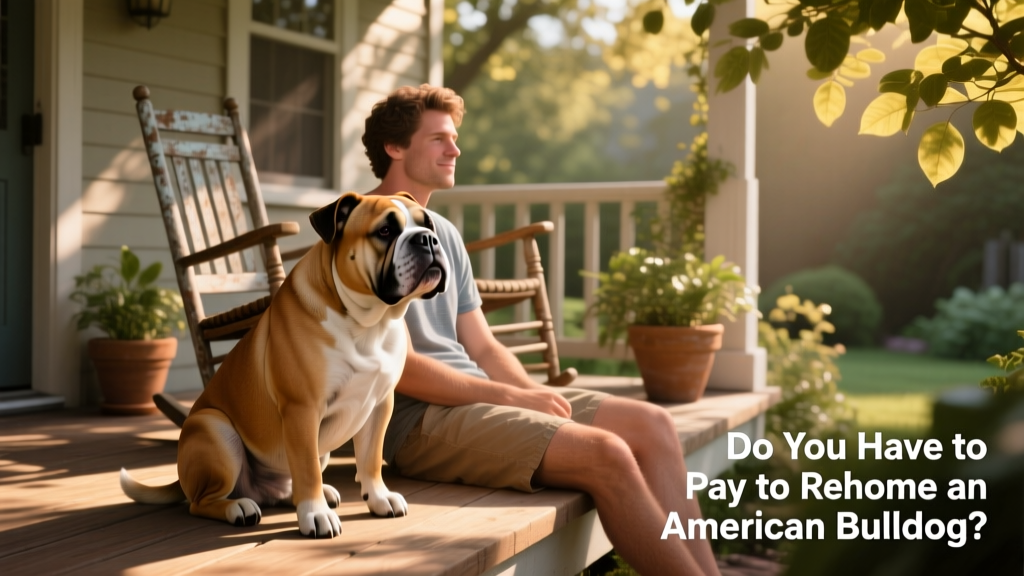 American Bulldog sitting calmly beside a person on a sunlit porch