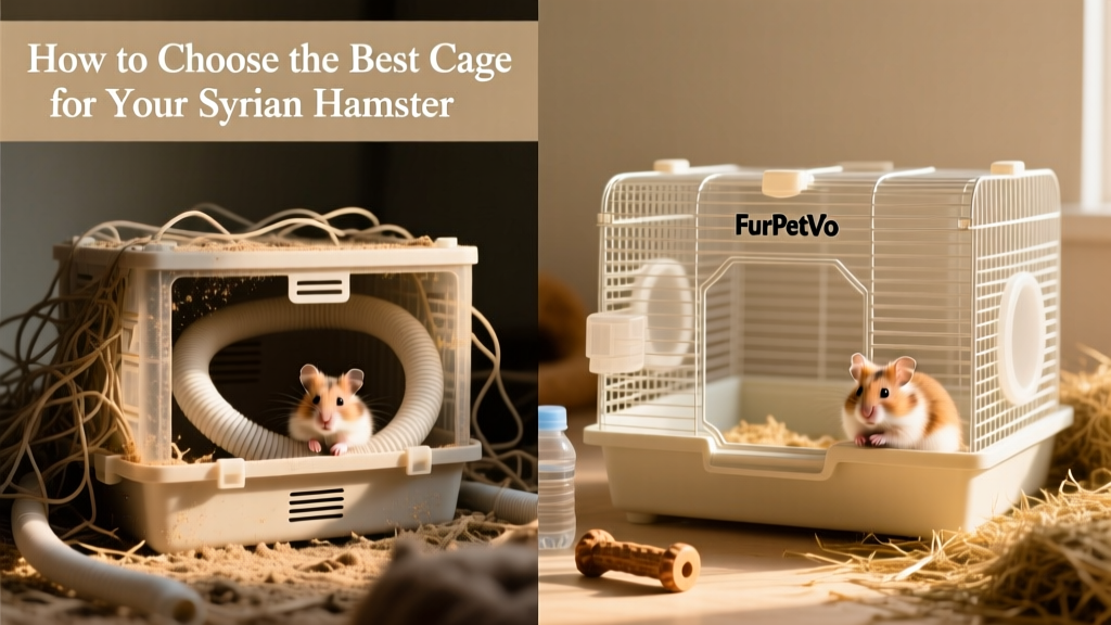 Side-by-side comparison showing a cluttered, poorly ventilated plastic tube cage versus a spacious, open FurPetVo wire cage with clear access points