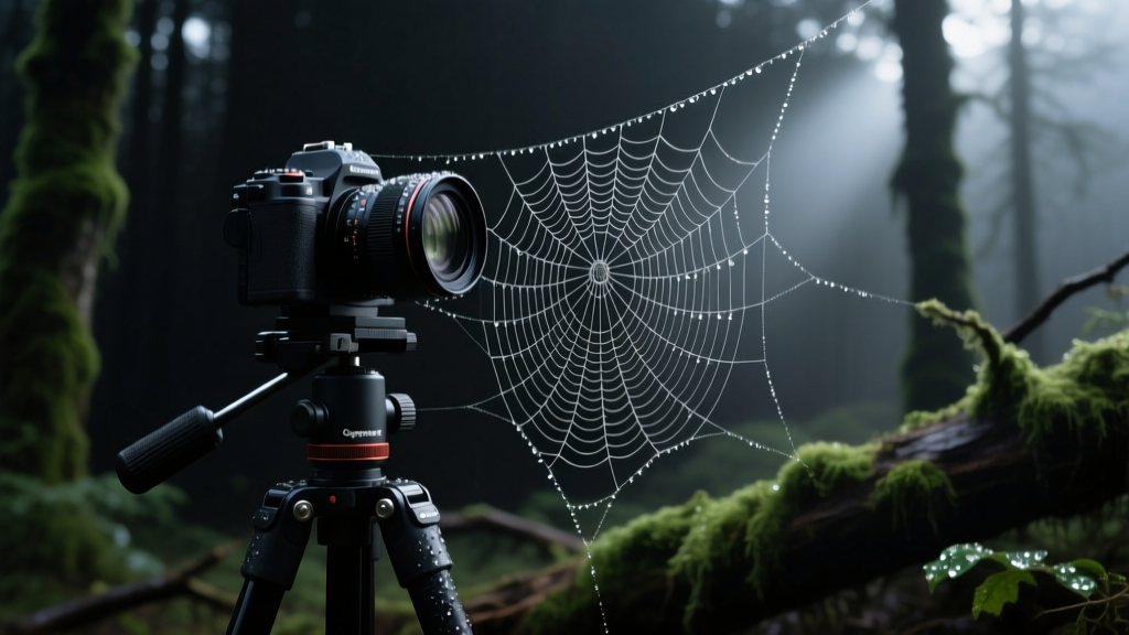 Close-up of a Cognisys StackShot 3X macro rail mounted on a heavy-duty tripod, focusing on a dew-covered spiderweb in a dark forest
