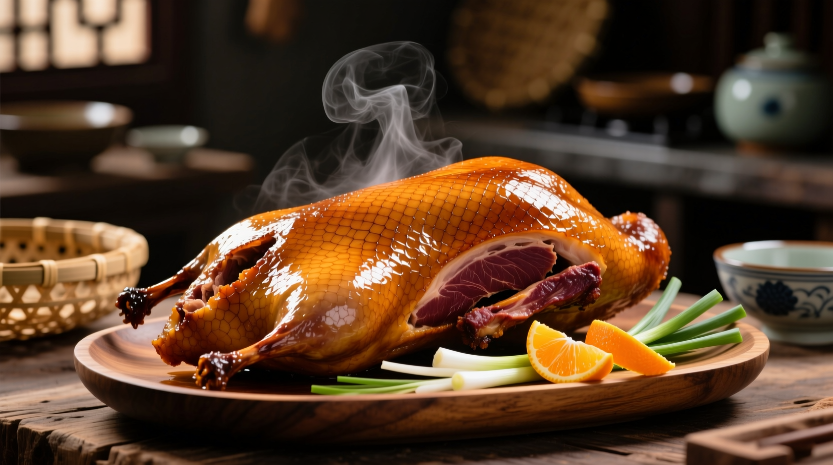 Perfectly roasted duck with crispy skin and rich meat