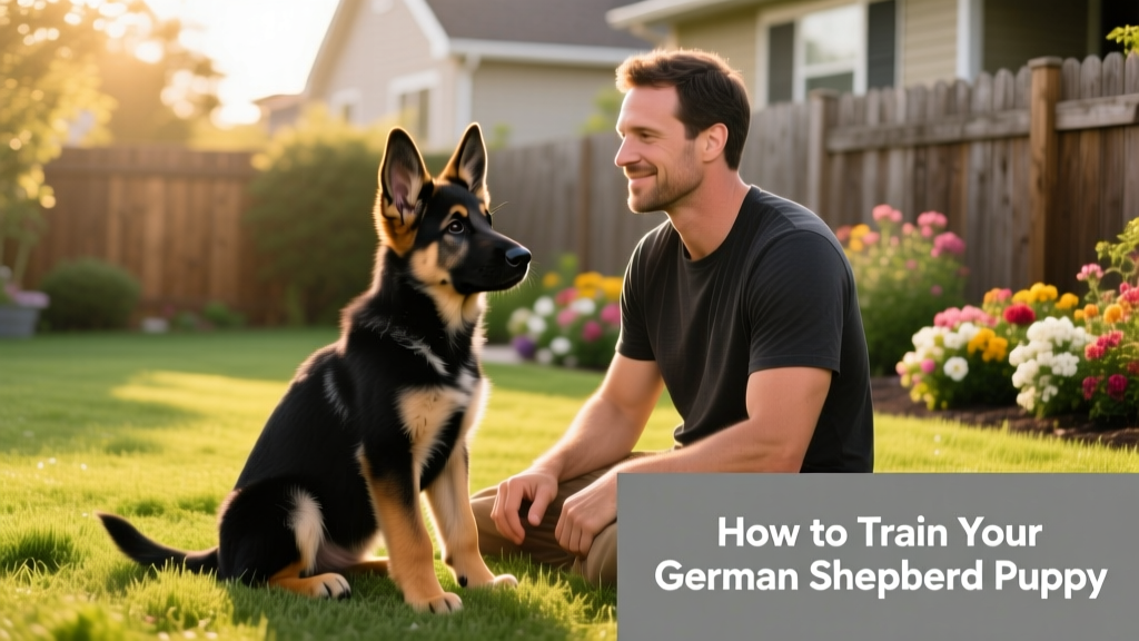 A calm, focused German Shepherd puppy sitting attentively beside its owner in a sunlit backyard