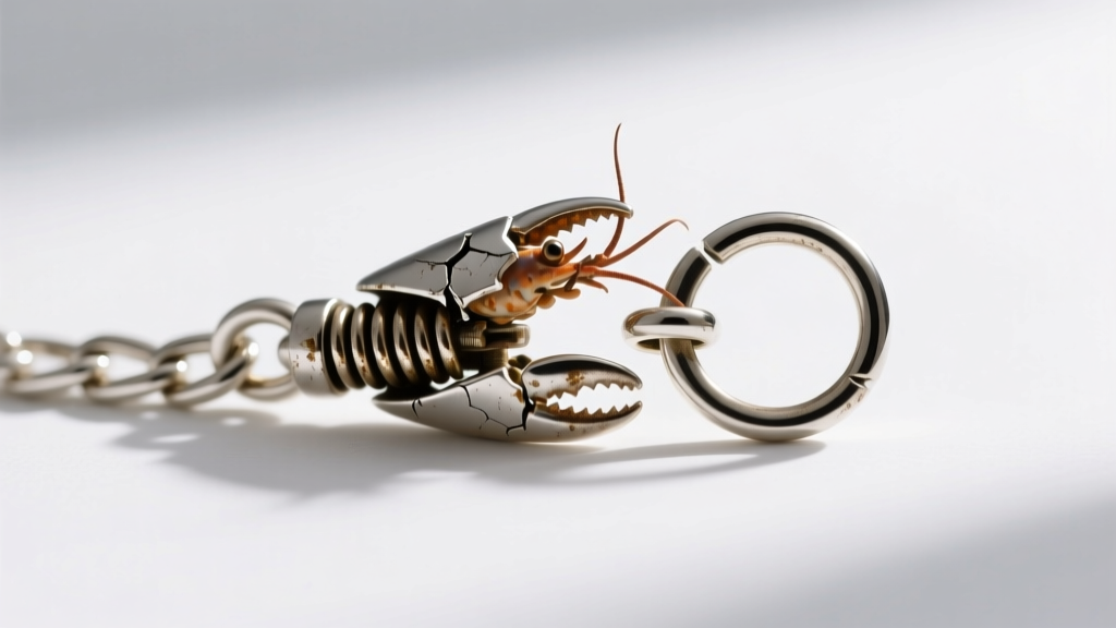 Macro shot of a broken lobster clasp on a white gold cable chain, highlighting the worn spring mechanism and an open jump ring.