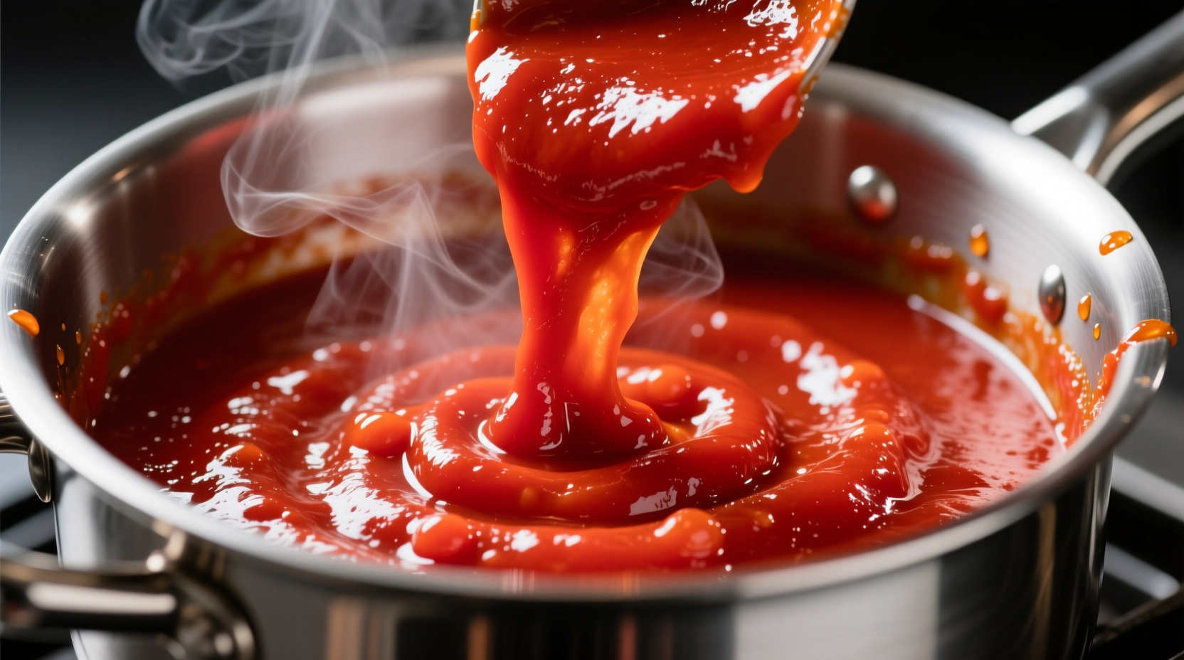 Tomato paste transforming into rich red sauce in stainless steel pot