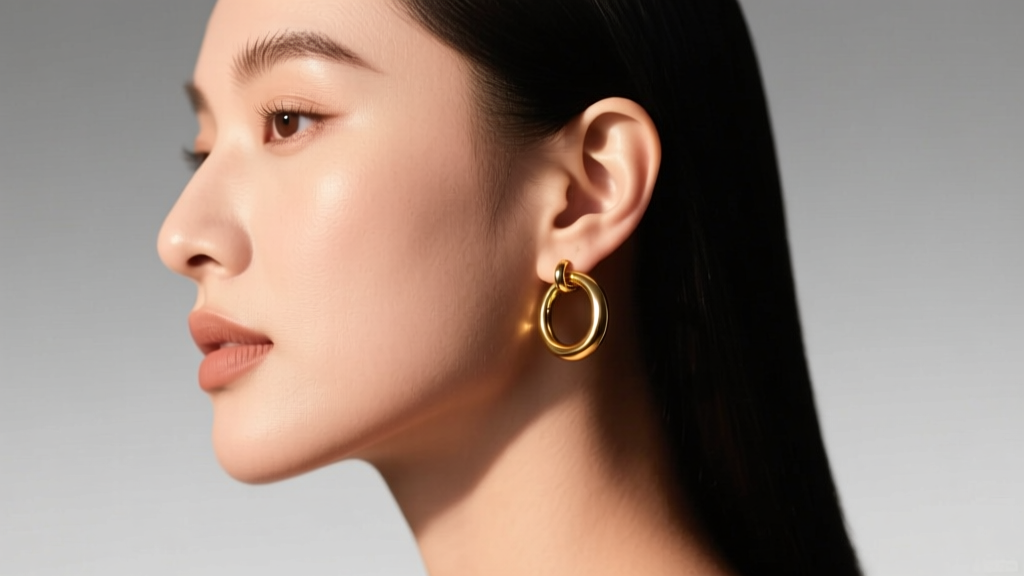 A side profile of a woman wearing a 12mm gold huggie in the helix and a 20mm hoop in the lobe under warm studio light