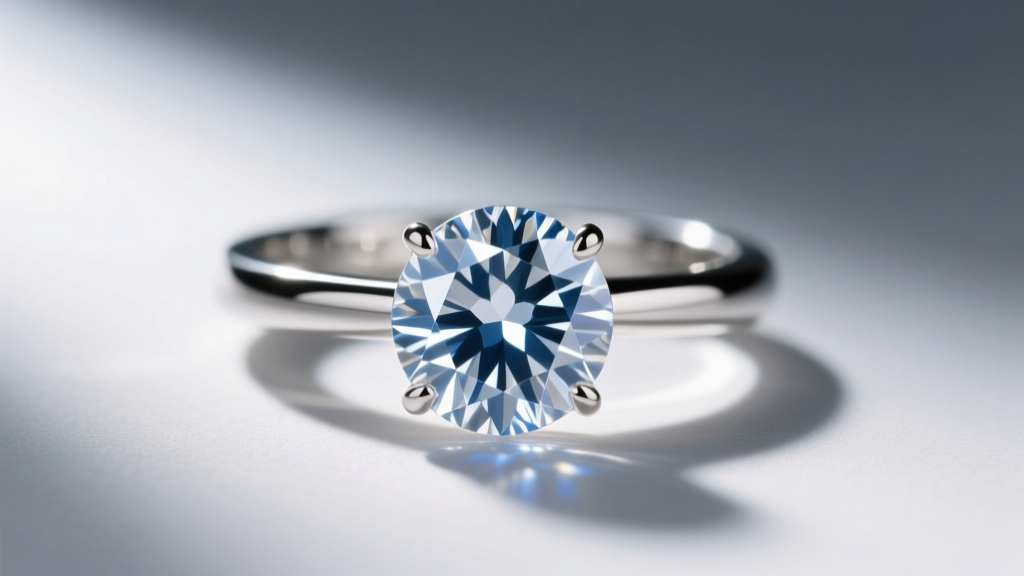 Close-up of a 10x jeweler's loupe inspecting a four-prong platinum solitaire diamond jewelry ring under bright LED studio lighting.
