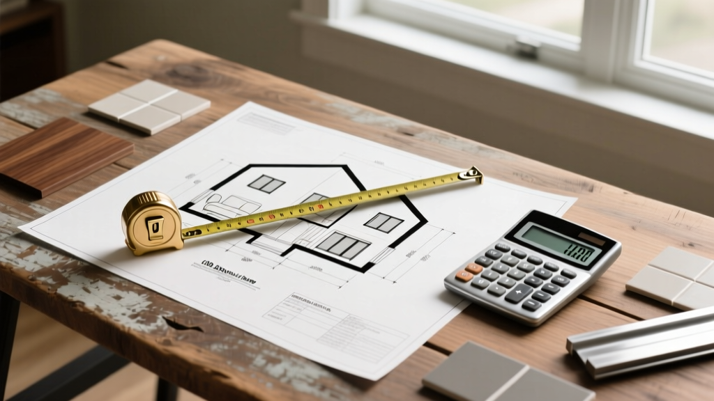 Architectural blueprint of a 1000 square foot two-bedroom home spread on a wooden table with a tape measure, calculator, and material samples