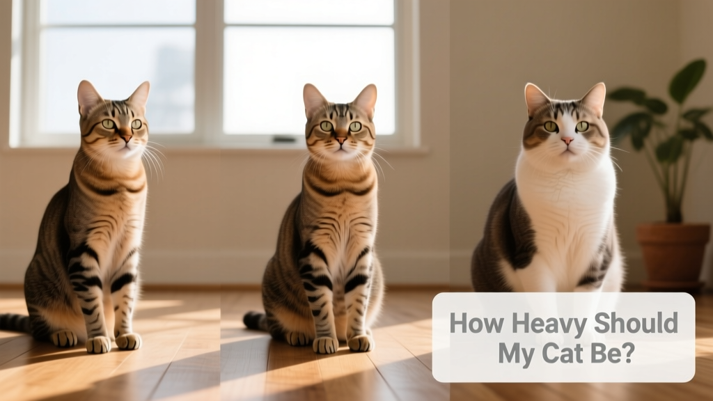 Side-by-side comparison showing three cats at different body condition scores: lean, ideal, and overweight — highlighting waist definition and rib visibility