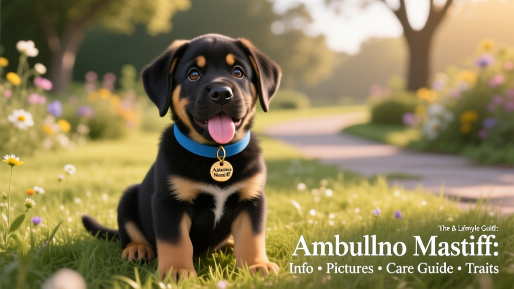 A playful Ambullneo Mastiff puppy sitting on grass, tongue out, wearing a small blue collar