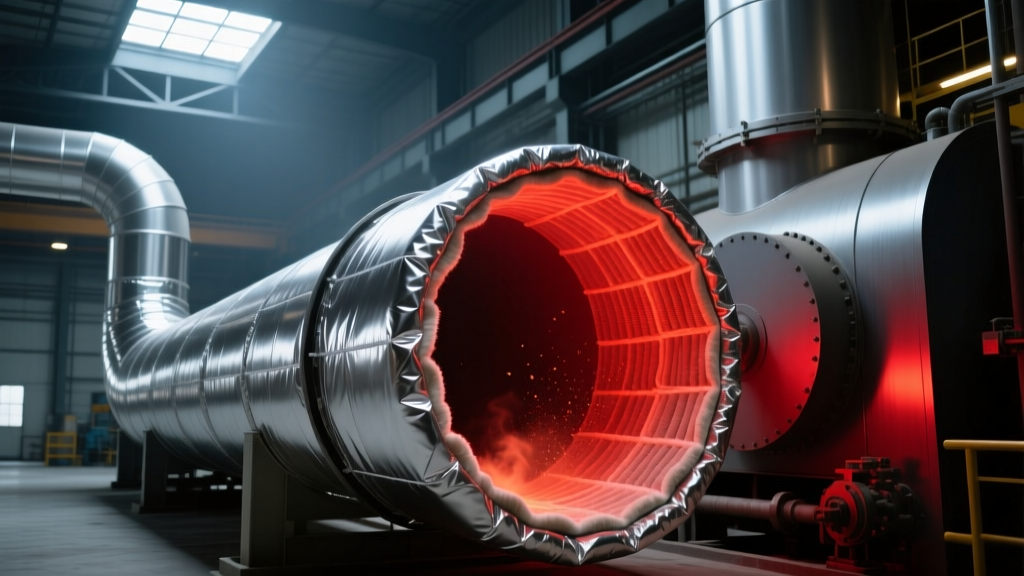High temp ceramic fiber insulation wrapped in silver jacketing on industrial exhaust ductwork near a glowing red boiler
