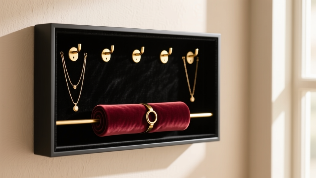 Open wall-mounted jewelry organizer displaying black anti-tarnish flannel lining, brass necklace hooks, and a velvet ring roll