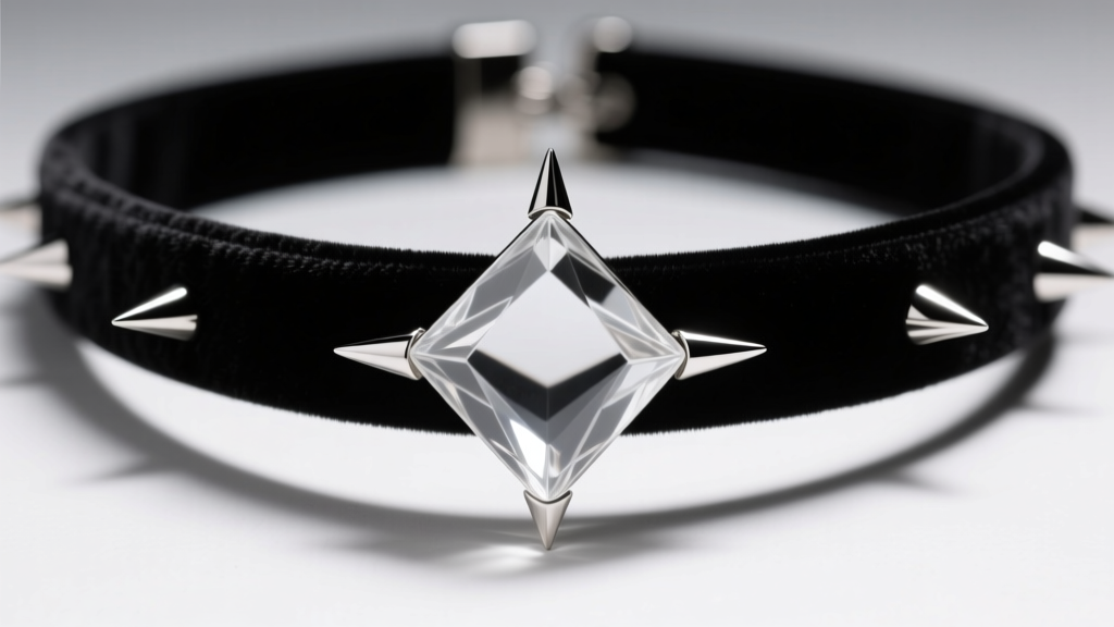 Macro photography of a black velvet New Wave choker with a central geometric Lucite pendant and sharp silver spike accents