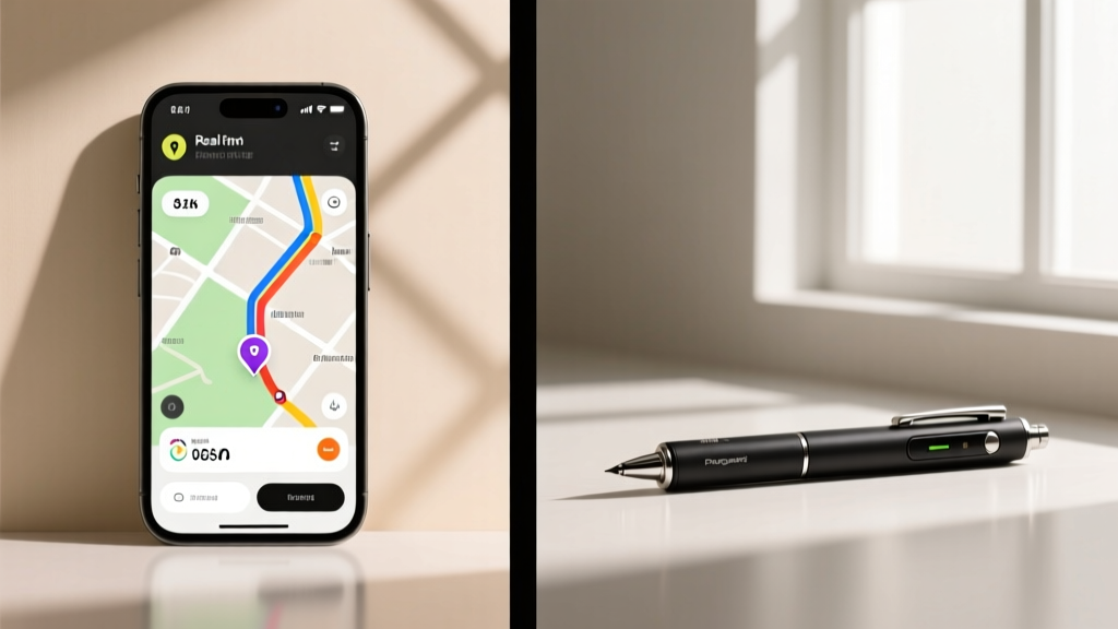 Split screen showing a smartphone app tracking real-time GPS coordinates alongside a sleek, pen-sized digital audio recorder.