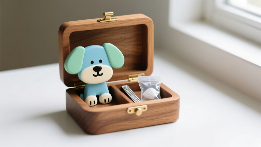Small anti-tarnish strip and silica gel packet placed inside a small compartment of a cartoon dog themed wooden jewelry organizer.