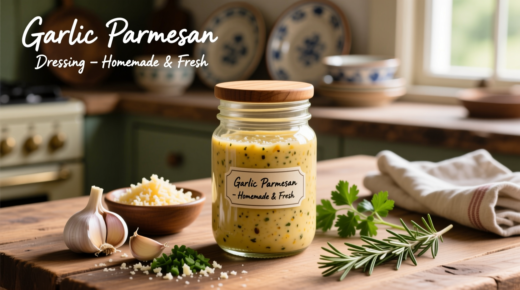 Homemade garlic parmesan dressing in glass jar with fresh ingredients
