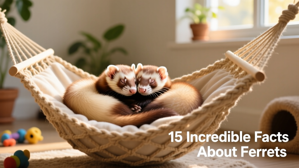 Two ferrets curled up together asleep in a cozy hammock-style bed, demonstrating natural social bonding