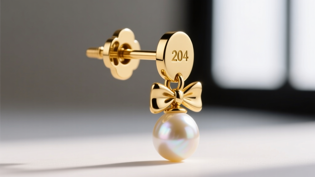 Extreme close-up of a 20-gauge gold earring post with a secure la pousette backing, highlighting the notch and pearl bow drop.