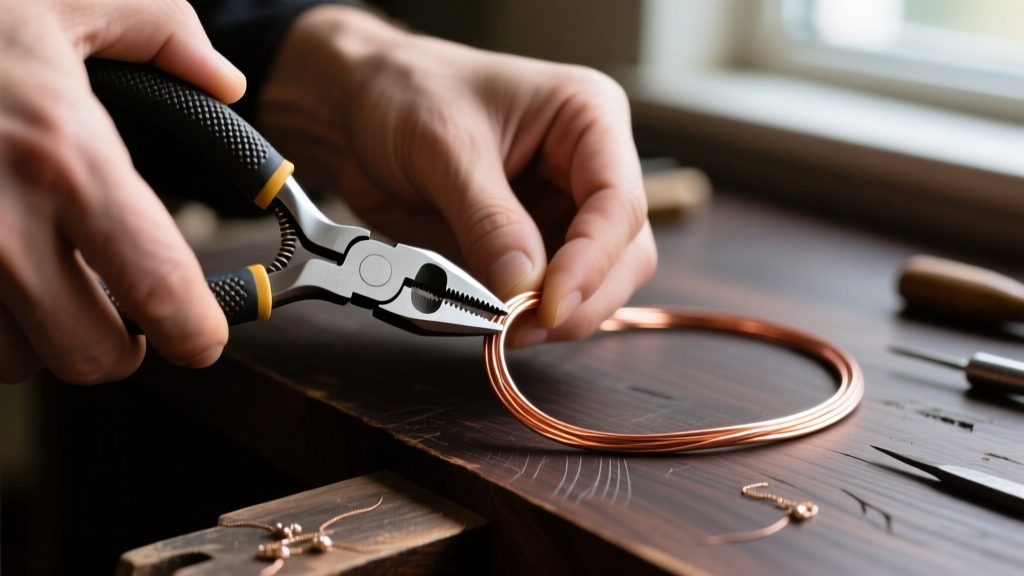 Close-up of hands using nylon jaw pliers to straighten 20-gauge dead soft copper wire on a dark wooden jewelry workbench