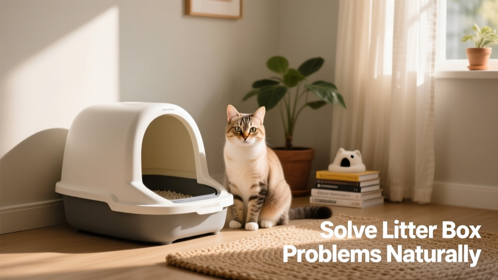 A calm, healthy cat sitting beside a clean, low-entry litter box in a quiet corner of a home