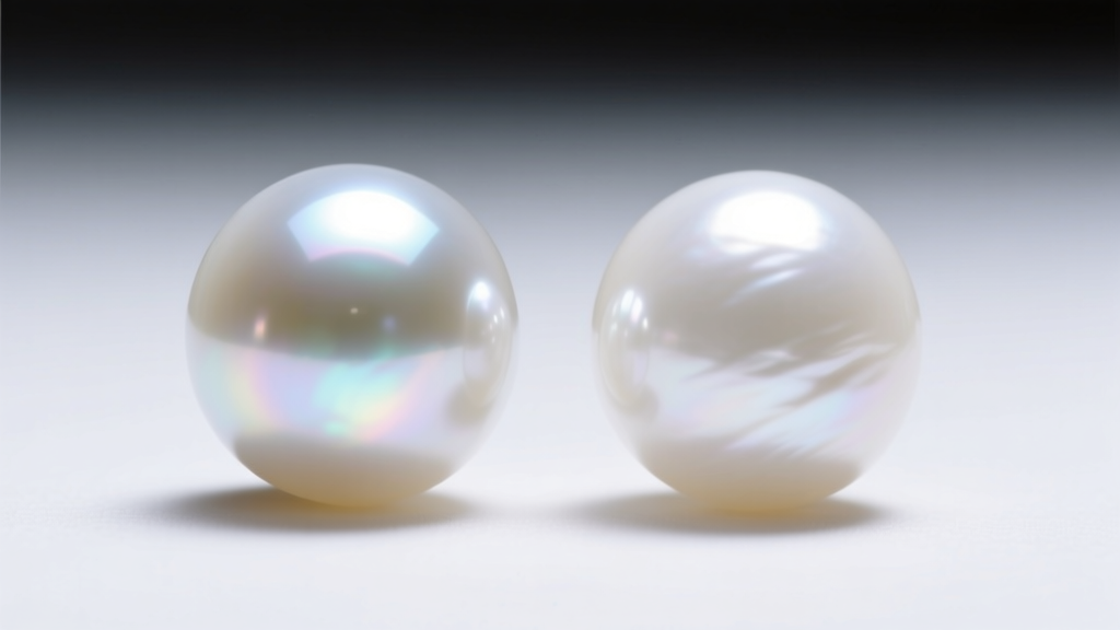 Close-up macro shot comparing two white round pearls, highlighting the sharp luster and thick nacre of a high-grade AAA Akoya pearl.