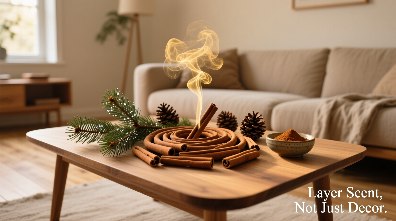 how to layer scents when decorating with cinnamon sticks and spruce