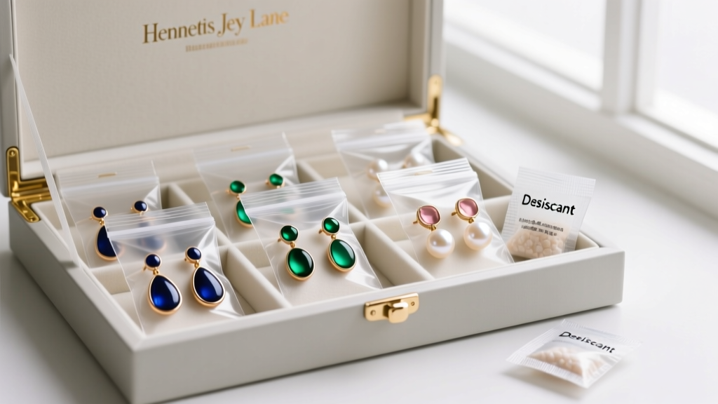 Archival jewelry storage box with individually bagged Kenneth Jay Lane enamel and faux pearl earrings and silica gel packets.