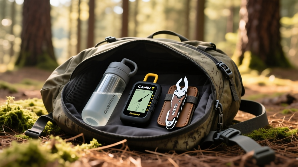 Open hiking backpack on pine forest floor revealing Garmin inReach Mini 2, Grayl purifier, and Leatherman ARC in MOLLE pouches