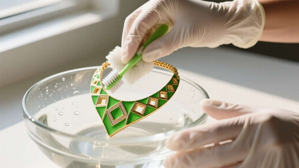 Hands in nitrile gloves gently scrubbing a lime green cold enamel gold necklace with a soft baby toothbrush inside a glass bowl.