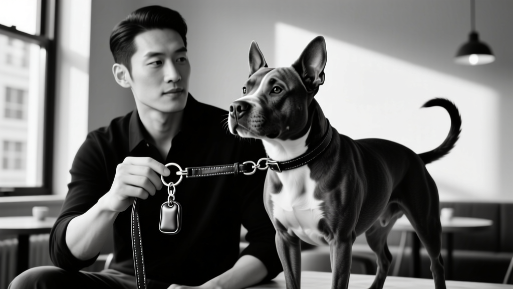 A stylish black-and-white photo of a Pit Bull owner holding a compact leash-and-key holder with a playful dog beside them