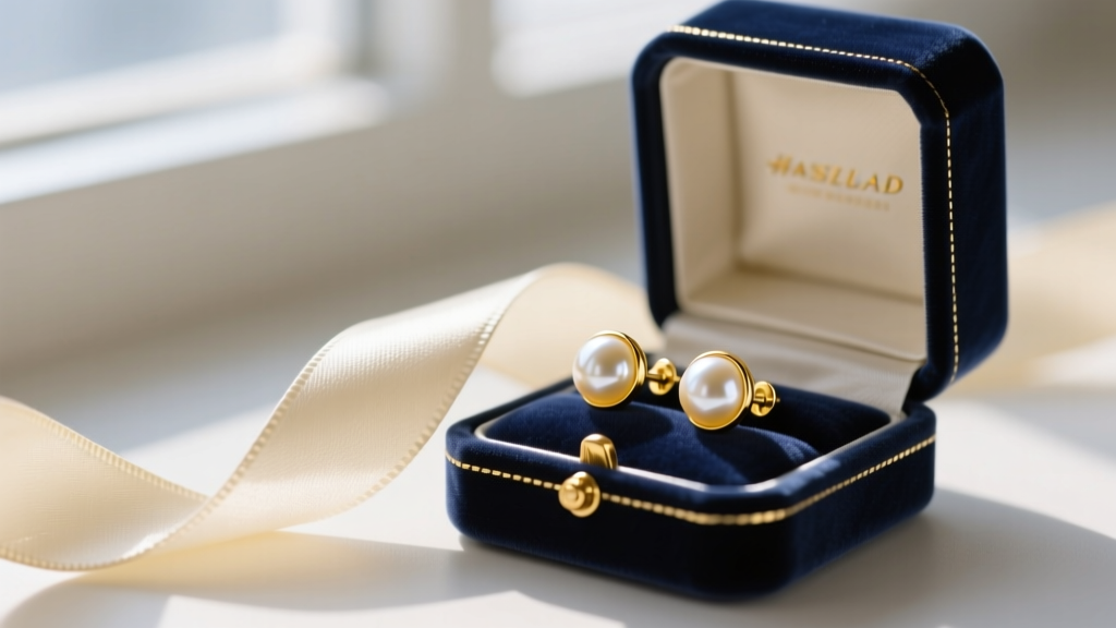18k yellow gold Akoya pearl stud earrings resting on cream silk ribbon beside an open velvet gift box in soft natural light