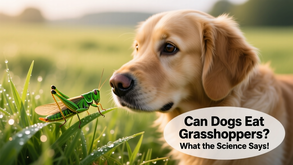 A curious dog sniffing a grasshopper on green grass