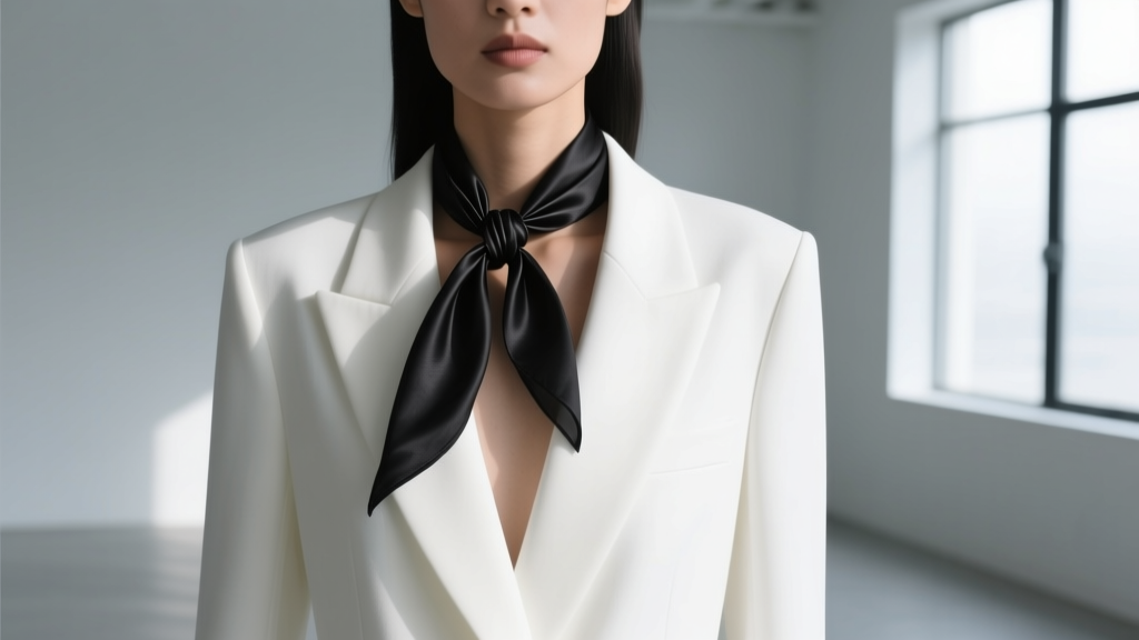 Minimalist black silk bandanna necklace tied in a loose asymmetric knot over a crisp white structured blazer in a modern studio