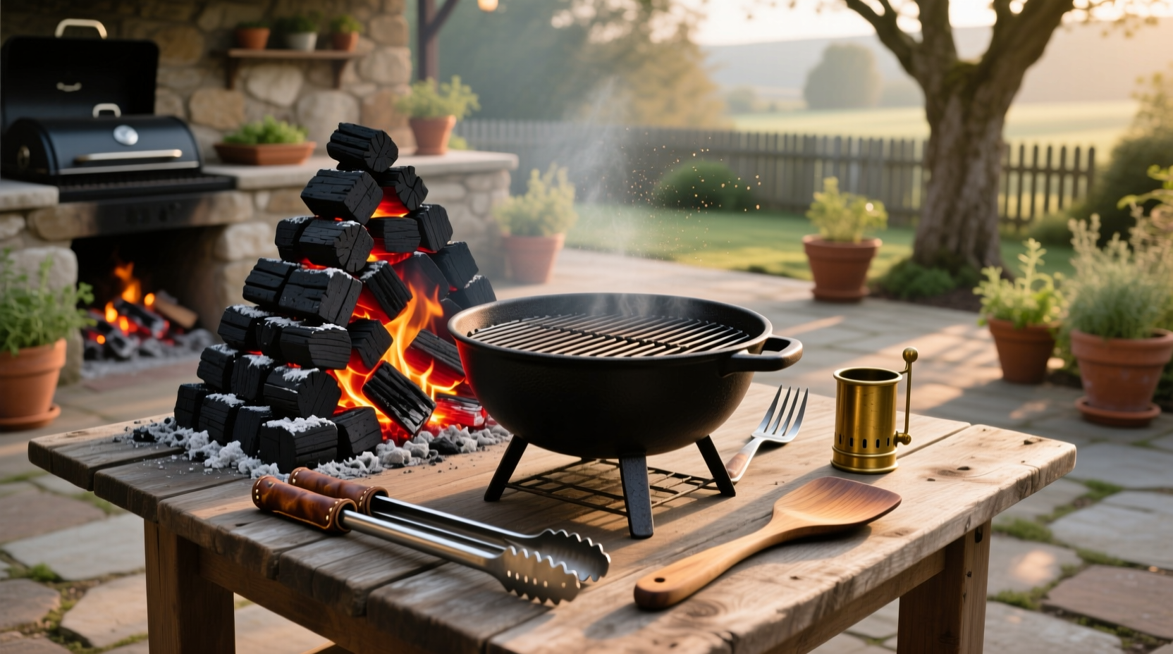 Charcoal grill setup with arranged coals and cooking tools