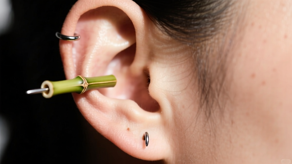 Pierced earlobe wearing a 14-gauge steel bamboo earring post, showing proper weight distribution and healthy tissue support.