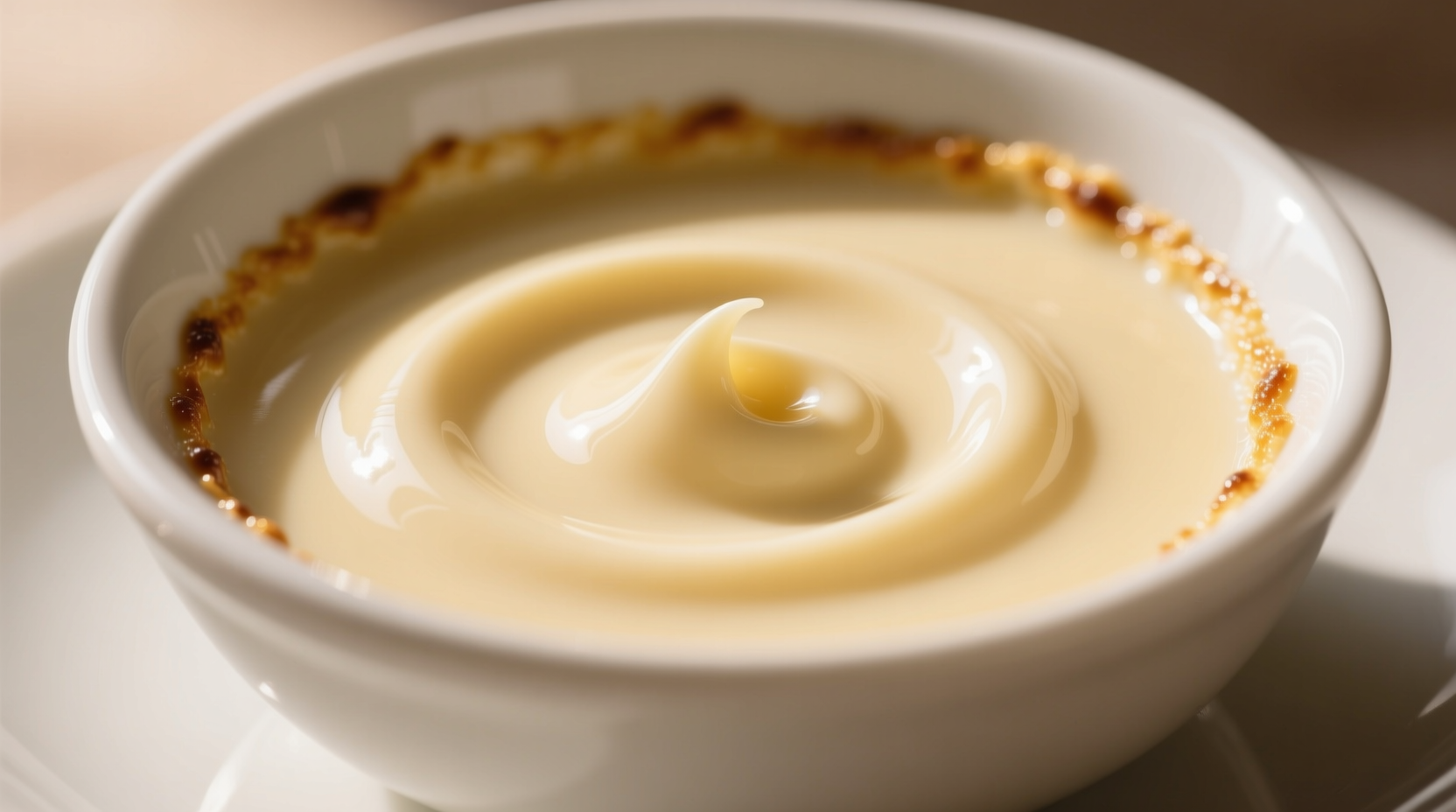 Close-up of smooth béchamel sauce in a white bowl